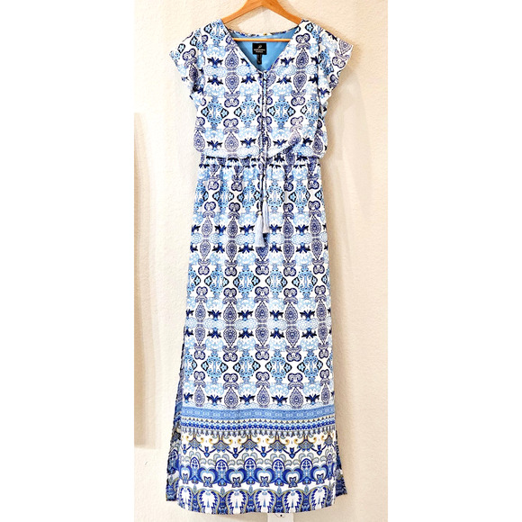 Adrianna Papell Floral Maxi Dress Size 12 Blue w Tassel Tie Front Stretch Waist - Picture 1 of 16